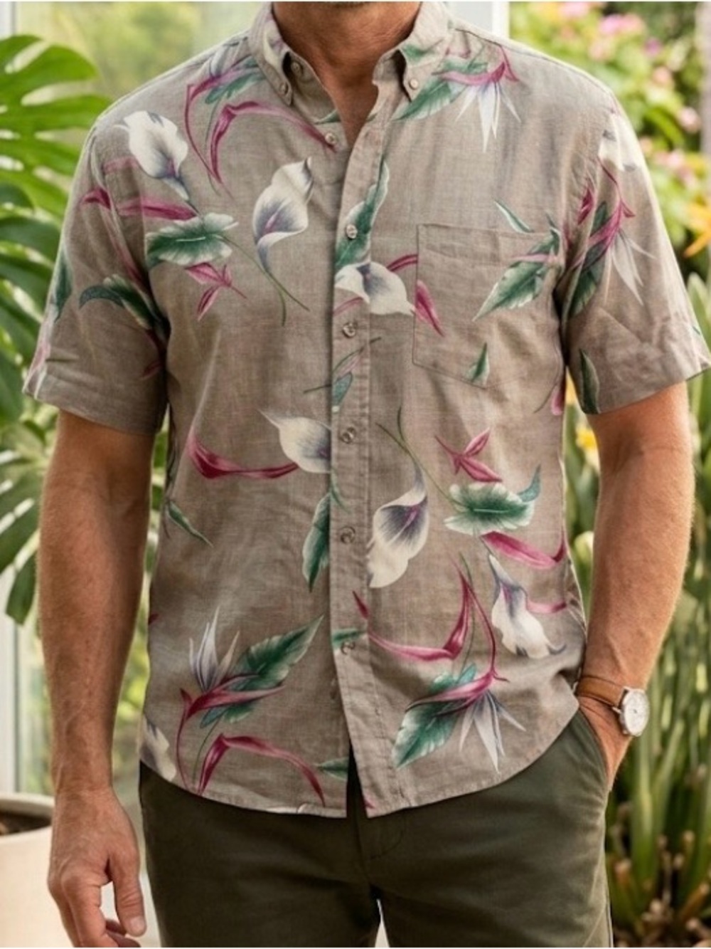 Hawaii Blues Men's Short Sleeve Button Down Shirt Light Brown size M